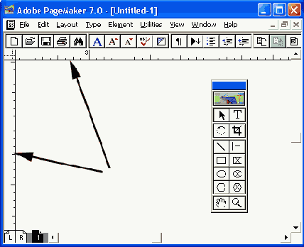 Окно документа PageMaker с измерительными