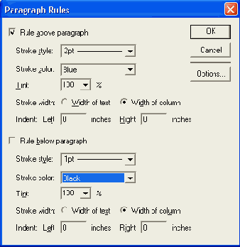 Диалоговое окно Paragraph Rules