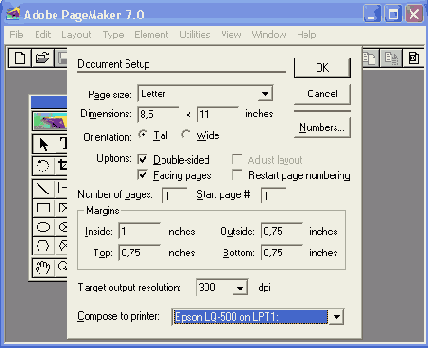 Диалоговое окно Document Setup