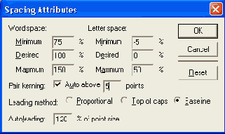 Диалоговое окно Spacing Attributes