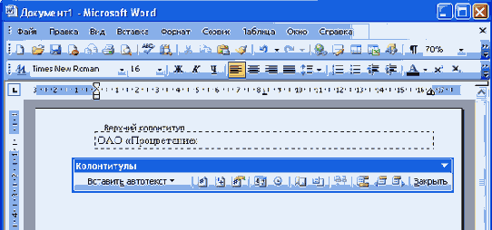 Ввод текста в колонтитулы