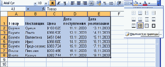 Установка границ с помощью панели инструментов Форматирование