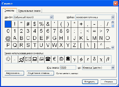 Вставка специальных символов