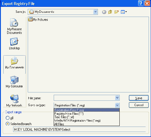 ���������� ���� Export Registry File