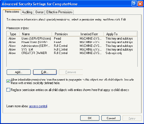 ���� Advanced Security Settings for Winlogon
