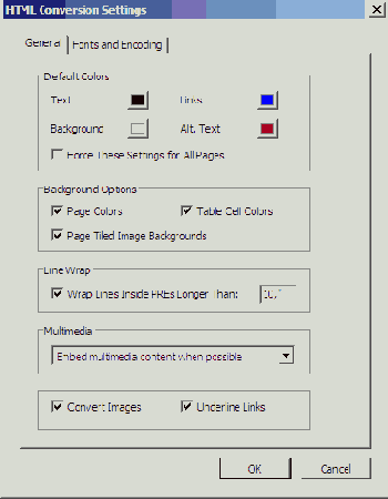 Установка параметров преобразования Web-страниц