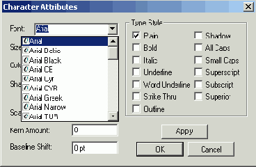 ���� Font �� ����������� ���� Character Attributes