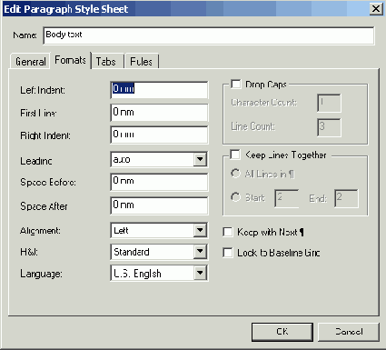 ������� Formats ����������� ���� Edit Paragraph Style Sheet