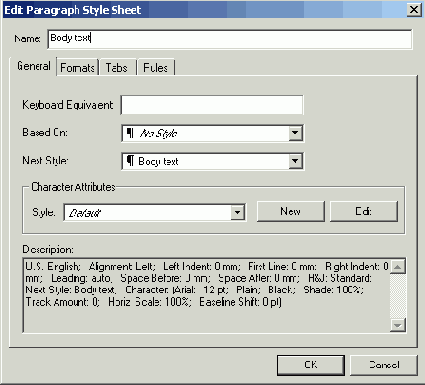 ������� General ����������� ���� Edit Paragraph Style Sheet