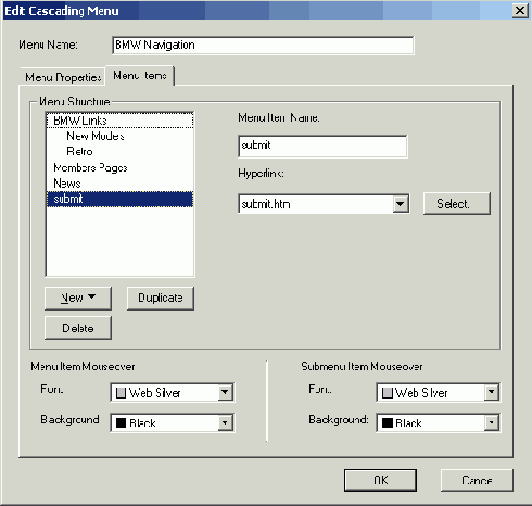 ������� Menu Items ����������� ���� Edit Cascading Menu