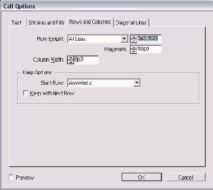 ������� Rows and Columns ����������� ���� Cell Options