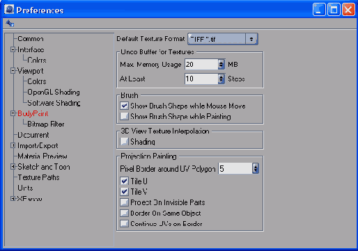 Каталог BodyPaint определяет параметры этого модуля