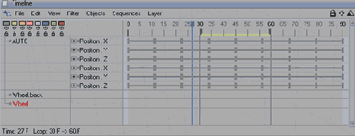 Поместите объекты колес в окно Timeline