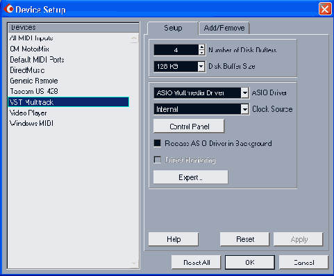 ���������� ���� Device Setup ������ VST Multitrack