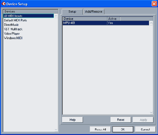 ���������� ���� Device Setup ������ All MIDI Inputs
