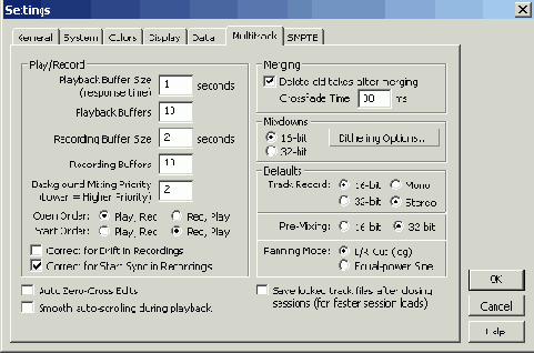 Параметры мультитрекового редактирования (вкладка Multitrack) и опции синхронизации (вкладка SMPTE)