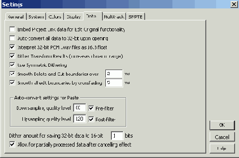 Параметры обработки звуковых данных (вкладка Data)