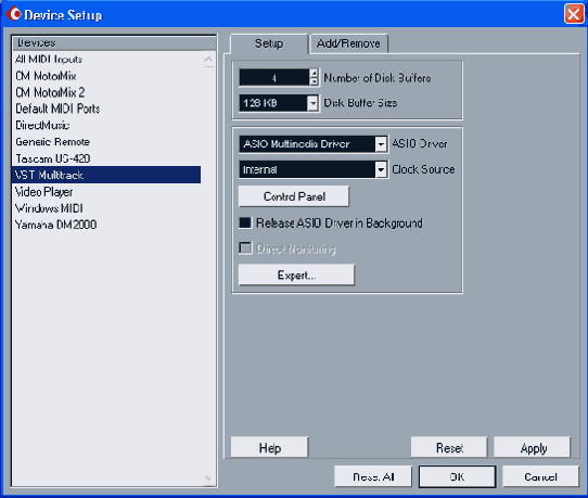 ���� Device Setup, ������ VST Multitrack, ������� Setup