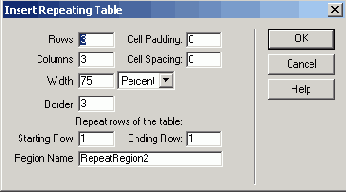 Диалоговое окно Insert Repeating Table