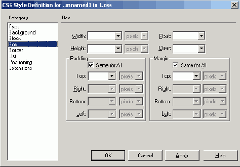 Вкладка Box диалогового