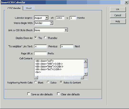 ������������� ���������� Calendar ������ Dreamweaver