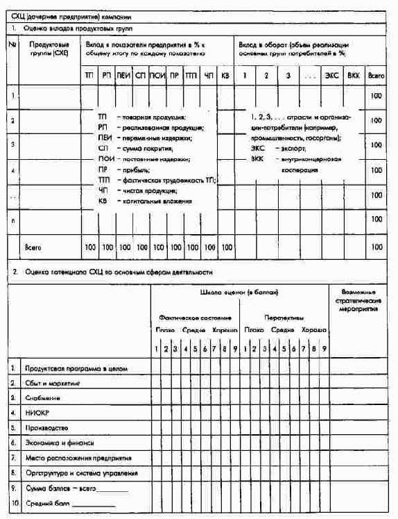 Форма оценки вкладов и потенциала подразделения (СХЦ, ДАО) концерна