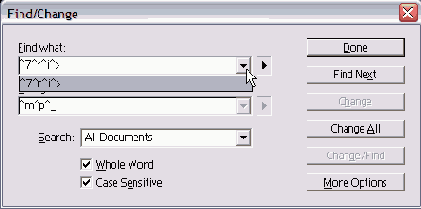 ������������������ �������� � ����� Find what � Change to