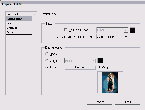��������� Formatting ����������� ���� Export HTML