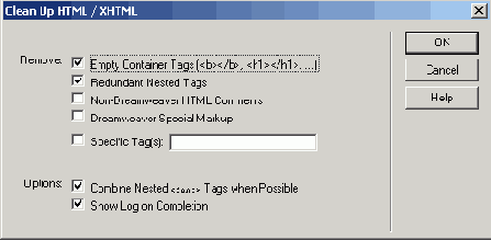 Диалоговое окно Clean Up HTML/XHTML