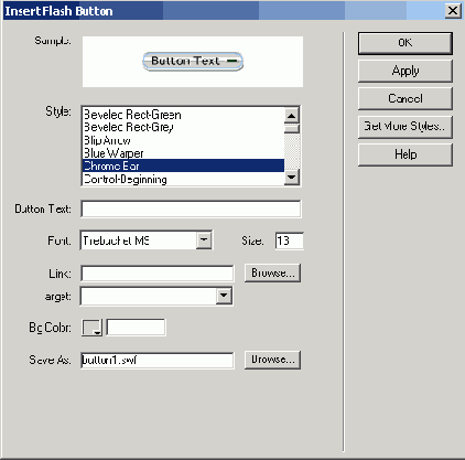 Диалоговое окно Insert Flash Button