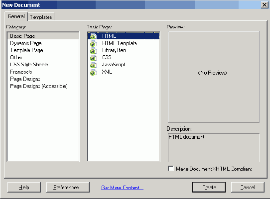 Диалоговое окно New Document приложения