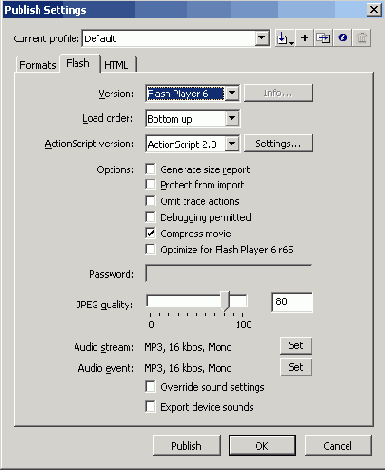 Диалоговое окно Publish Settings