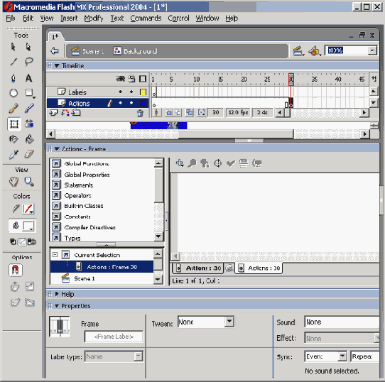 Панель Actions во Flash MX