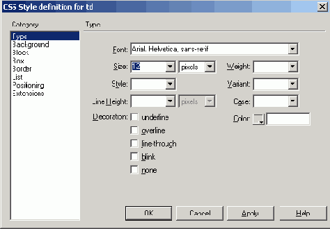 Параметры стиля шрифта для каскадной