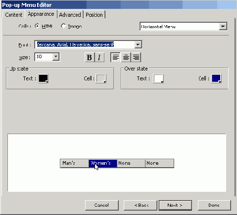 Вкладка Appearance редактора меню
