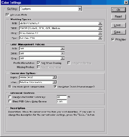 Окно Color Settings