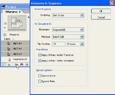 Вставка сразу нескольких клипов из окна Project