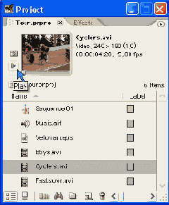 Просмотр исходных клипов в окнах Project и Monitor