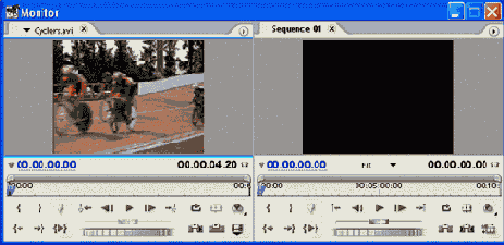 Просмотр исходных клипов в окнах Project и Monitor