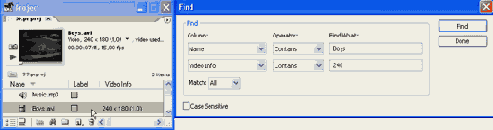 Поиск клипов в окне Project