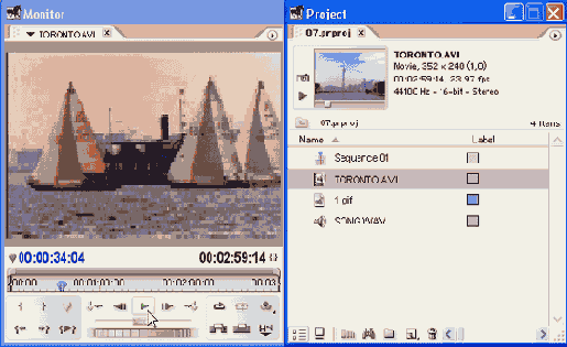 Просмотр клипов в окне Monitor