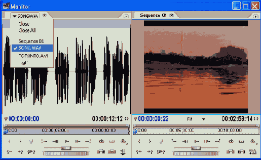 Просмотр клипов в окне Monitor