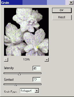 �������� RGB-���� � �������� ������� Filter > Texture (��������) > Grain (�����)
