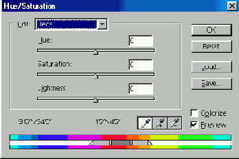 ������������� ����� ����������� � ������� ������� Hue/Saturation