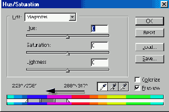 ������������� ����� ����������� � ������� ������� Hue/Saturation