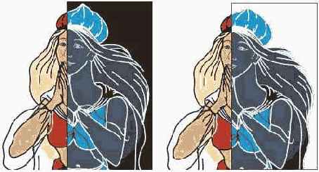 Применение линзы негативного изображения к векторным объектам (справа включен режим удаления фона)