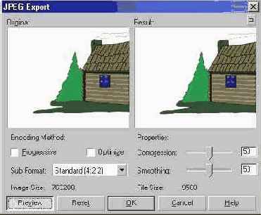 Диалоговое окно фильтра экспорта в формат JРЕG с областью предварительного просмотра