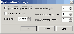 ���������� ���� Hyphenation Settings
