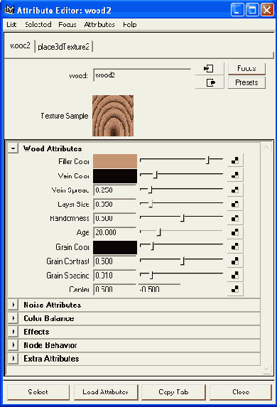 �������� �������� Wood � ���� ������� Attribute Editor