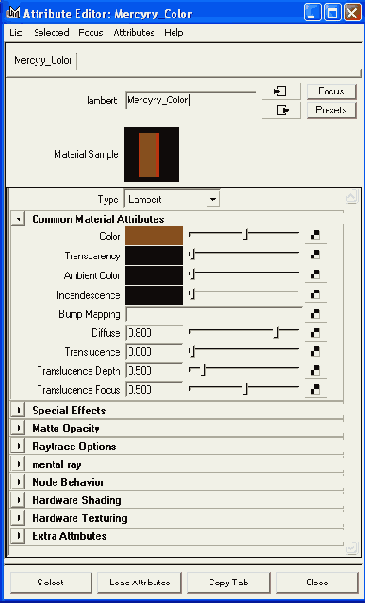 ���� ������� Attribute Editor ��� ��������� Mercury_Color